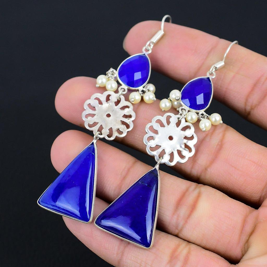 Sisters Day Deal Blue Sapphire Stone Sterling Silver Dangle Birthday Earrings