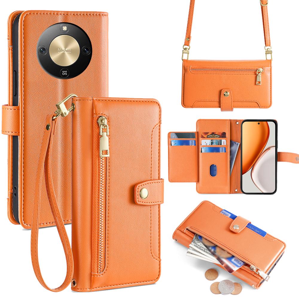 For Honor X70 5G Leather Case Zipper Pocket Wallet Phone Cover with 2 Straps
