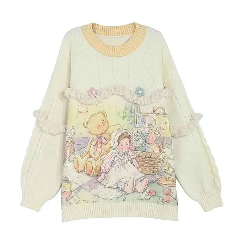 Women V Neck Cartoon Printed Sweater Cardigan Jacket Autumn Winter Sweet Cute Loose Gentle Style Knitted Top