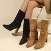 Женские сапоги на высоком каблуке 2024 Классические Ретро Вестерн Сапоги Женские Замшевые Модные Остроносые Плиссированные Дизайн Сапоги до середины икры Botas De Mujer