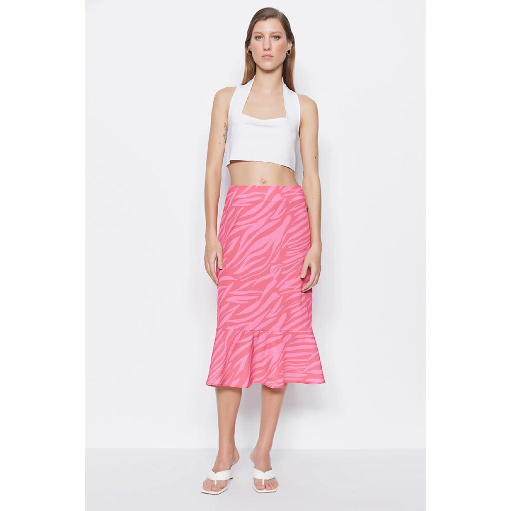 Pink Midi Knitted Skirt With Flounce Animal Pattern Skirt Twoaw20et0241
