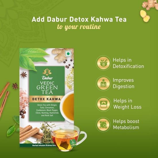 Dabur Зеленый чай Vedic Detox Kahwa - 25 пакетиков | Смесь 8 настоящих аюрведических трав и каменной соли | Идеальный напиток после еды, 62,5 грамма