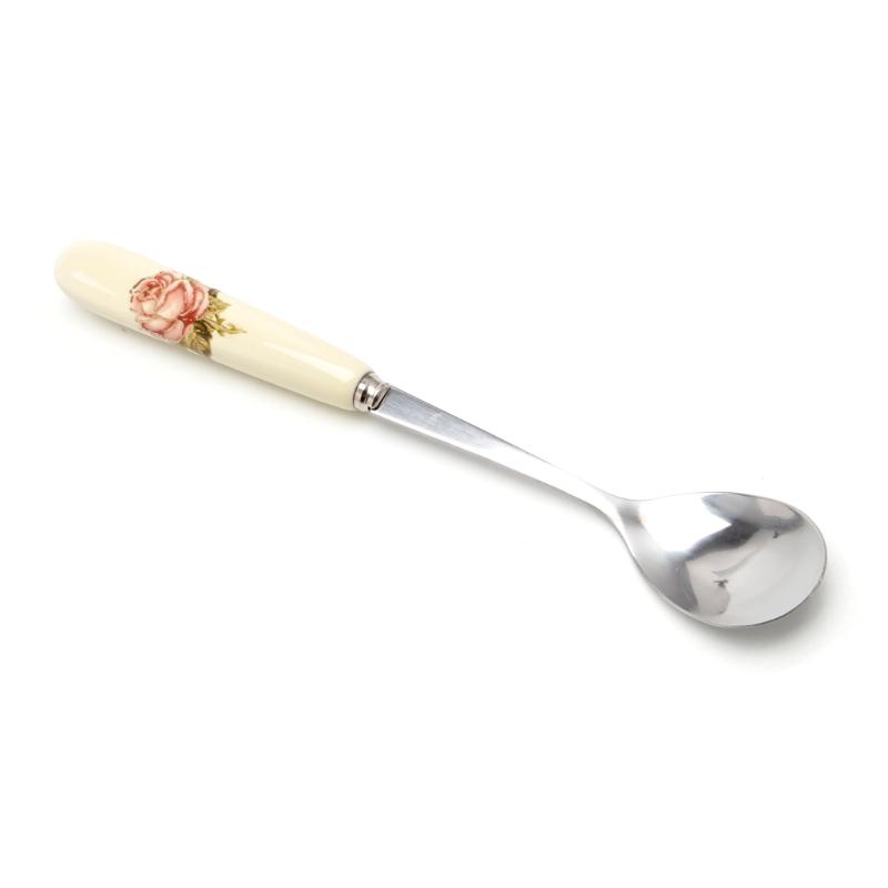 1PC Ceramic Handle Spoon Stainless Steel Dessert Coffee Spoons Ice Cream Teaspoon Random Color
