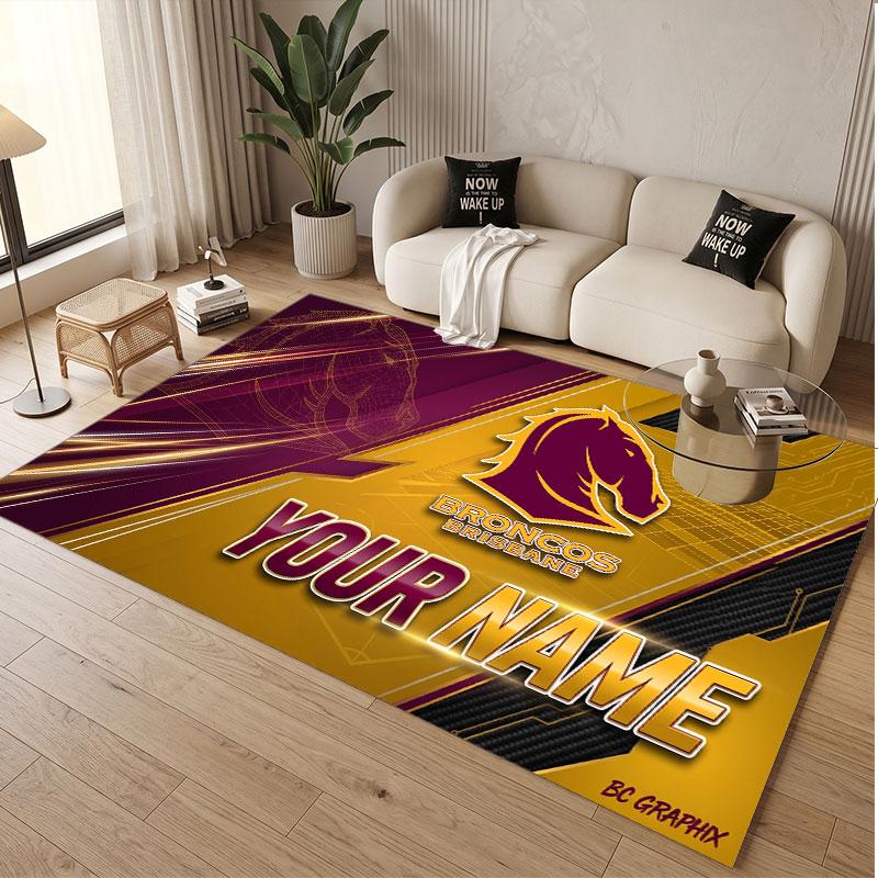 Custom Rug Brisbane Broncos Pattern Print Name Text Soft Non‑Slip Floor Carpet for Home Indoor Decoration