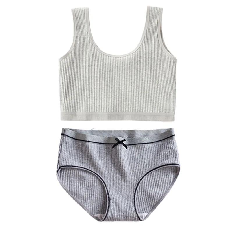 Хлопковые трусики и бюстгальтеры для девочек-подростков, хлопковый тренировочный бюстгальтер и трусики для девочек-подростков, однотонный детский спортивный бюстгальтер, трусы, нижнее белье