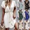 Spring V-Neck Smocked Dress - Lace Trim Short Sleeve Solid