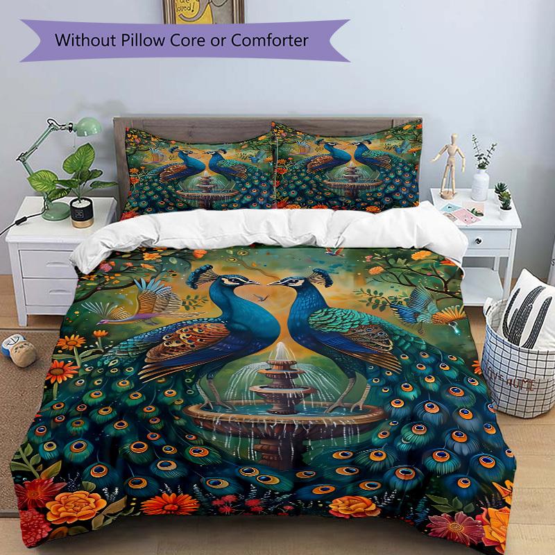 3pcs Peacock Garden Fountain Duvet Cover Set, Cover For Bedroom Guest Room (1 Duvet Cover + 2 Pillowcase, Without Quilt), yy250922132