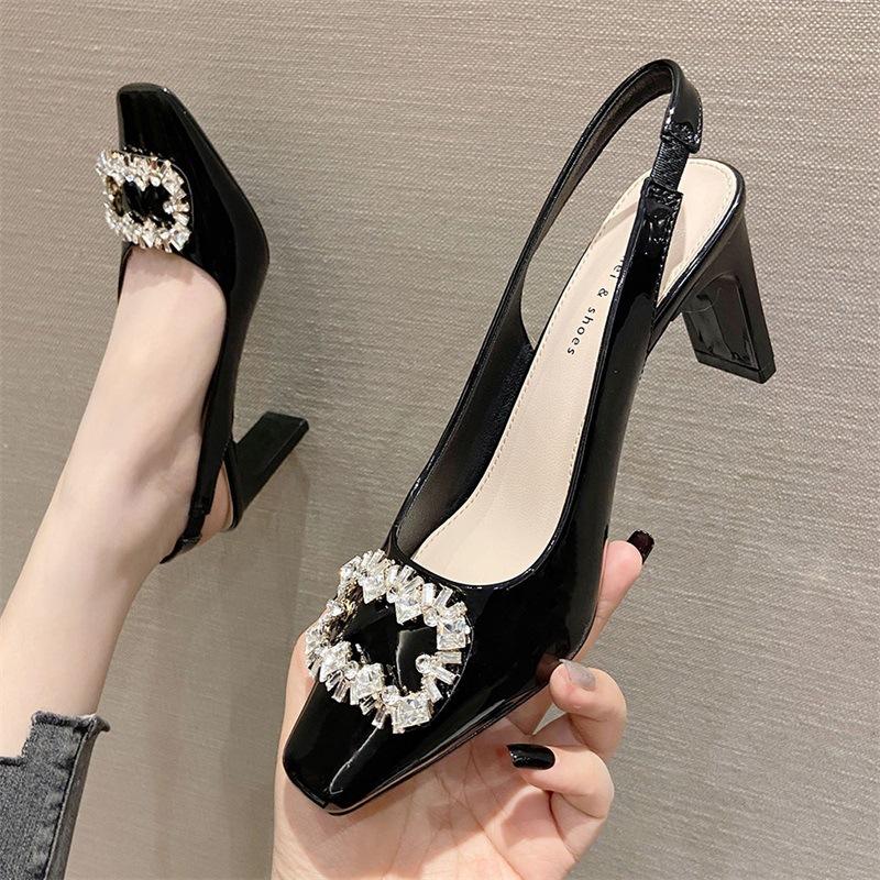 Туфли из лакированной кожи с квадратной головкой, женские, со стразами, квадратной пряжкой, толстый каблук, высокие каблуки, пустые босоножки с высоким каблуком