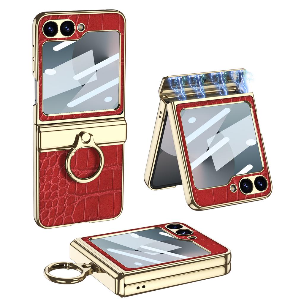 Роскошный чехол из кожи с покрытием для Samsung Galaxy Z Flip 7 6, магнитный чехол-крышка со встроенным кольцом-держателем для шарнира для чехла Galaxy Z Flip 5