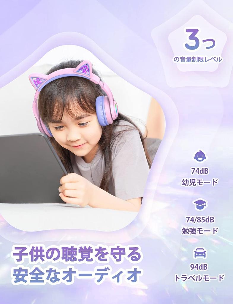 iClever Kids Headphones Bluetooth Headphones Cat Ear LED Light Up Wireless Kids Headphones with Volume Limit 45H Playtime with Microphone for BTH13