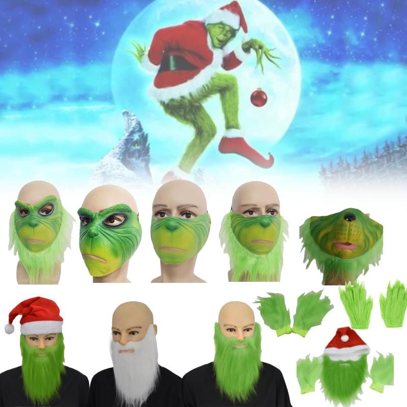 Маска Гринча на пол-лица с зелеными волосами и причудливым дизайном для рождественских празднований