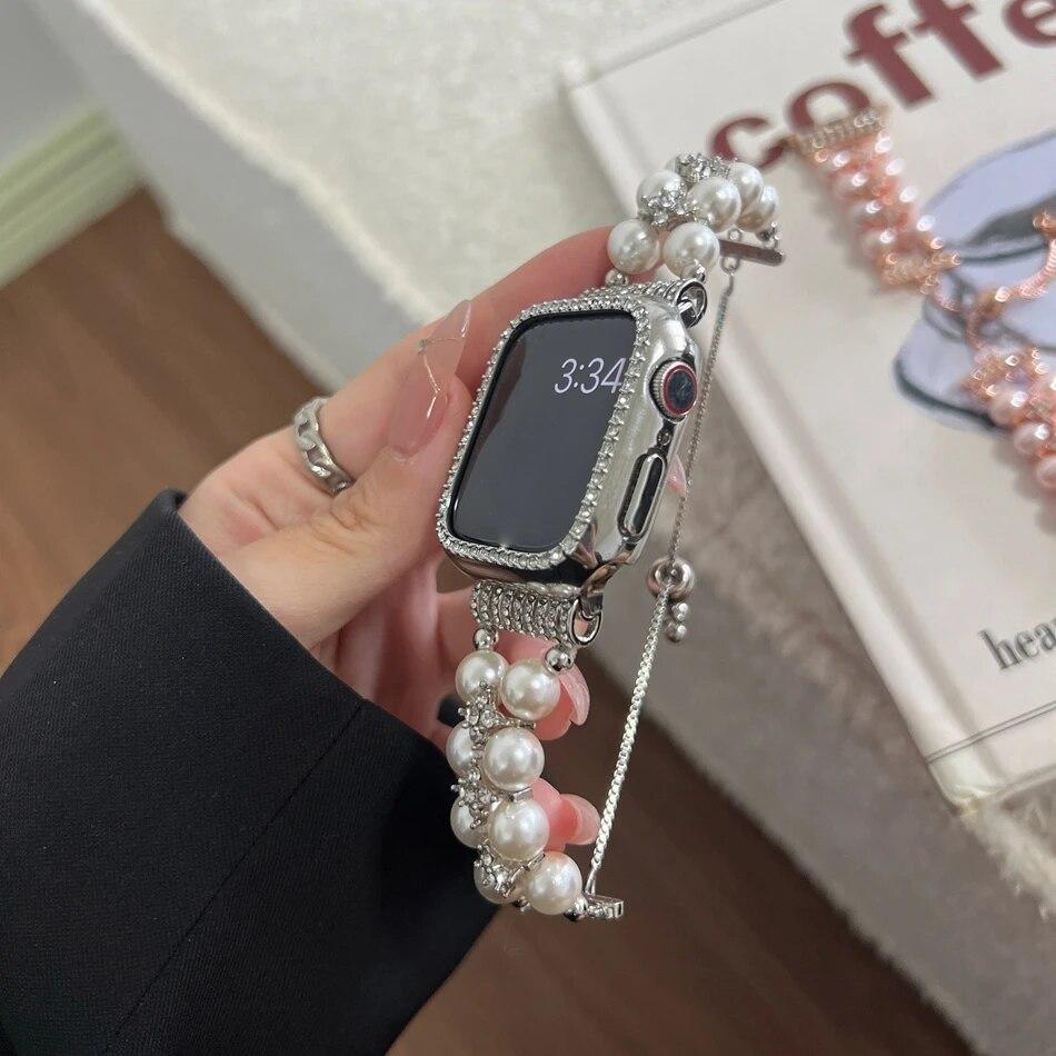 Luxury Metal Strap + Case For Apple Watch Series 9 8 7 6 5 SE 4 38/40/41/42/44/45mm Diamond Pearl Bracelet Band For iWatch UItra 2 49mm