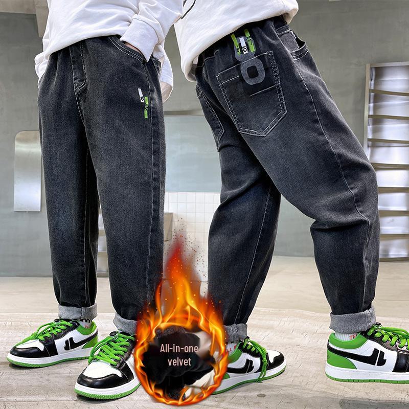 Детские зимние джинсы с толстой флисовой подкладкой - Теплые хлопковые брюки для детей среднего и старшего возраста (Коллекция 2025 г.)