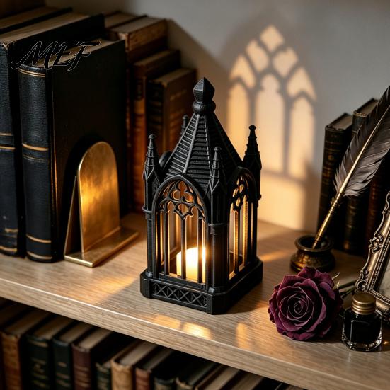 Colorful Balcony Figurine Gothic Cathedral LED Candle Lantern, Church Shaped Flameless Tealight Lamp, Artistic Home Decor Spooky Vintage Desktop Night