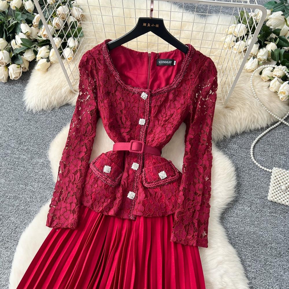 Платье высокого класса для женщин на осень, французская мода, кружевное, с длинными рукавами, пэчворк, с акцентом на талии, плиссированное длинное платье