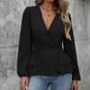 Women Tops V Neck Long Sleeve Slimming Blouse Waist Tight Ruffle Trim Hem Solid Color Shirt Tops Daily Wear