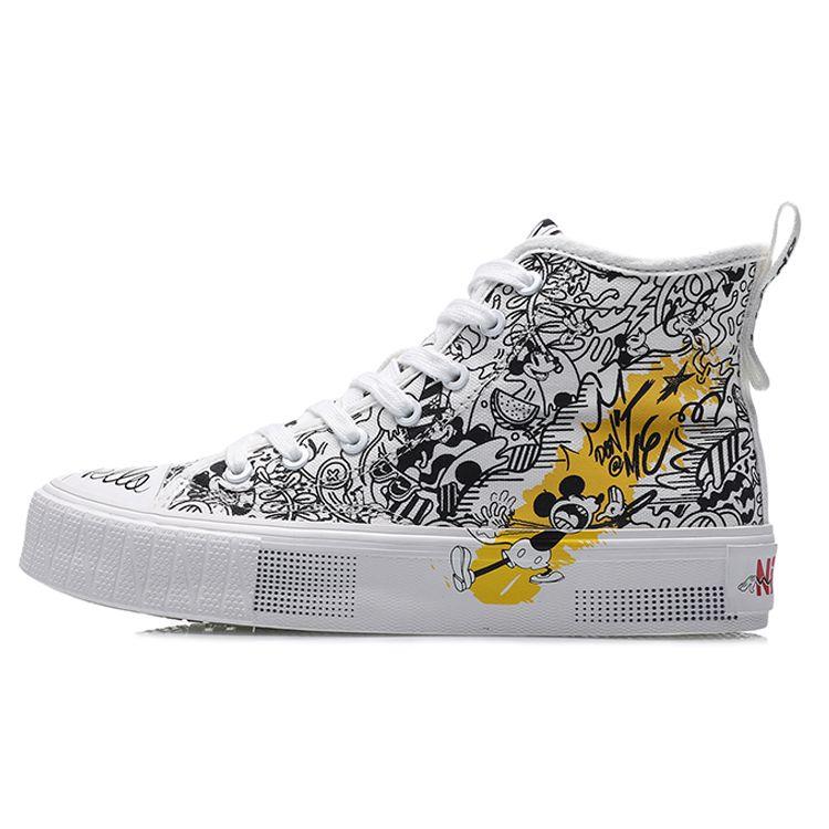 Disney X Li Ning Comfortable Versatile Durable Breathable High-Top Canvas Shoes Women Sneakers Black White AGCP338-5