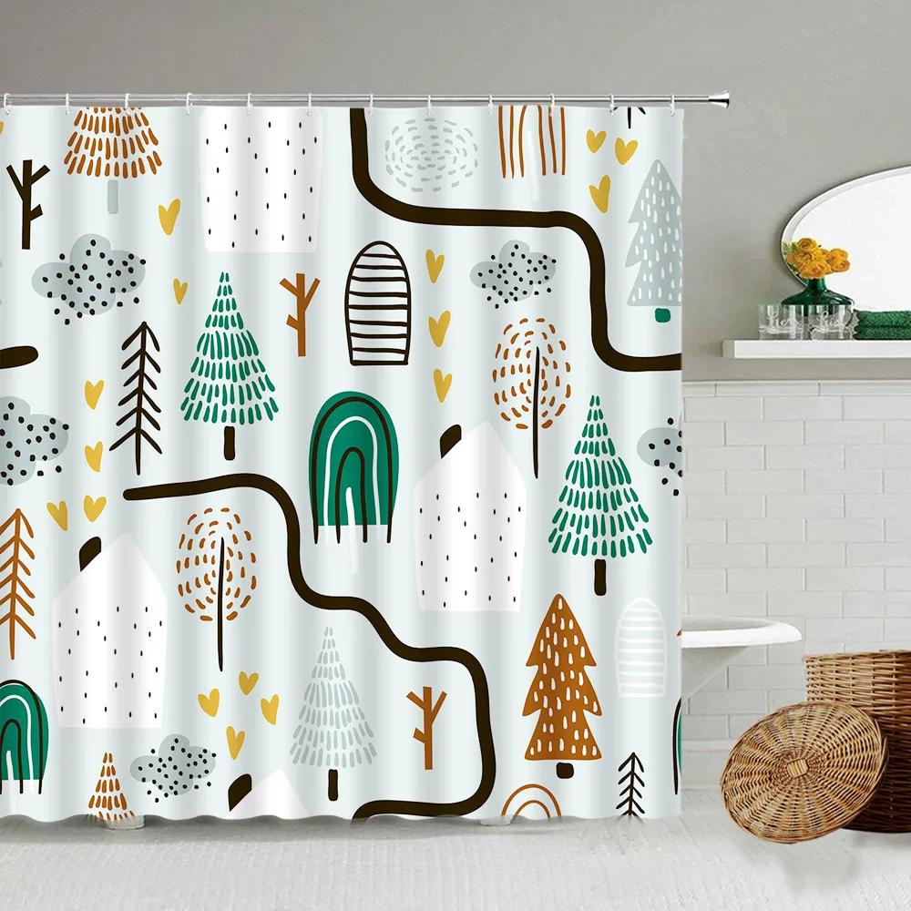 Cartoon Hand-Painted Animal Shower Curtain, Cat, Bird, Rabbit, Plant, Flower, Child Bathroom Decor With Hook