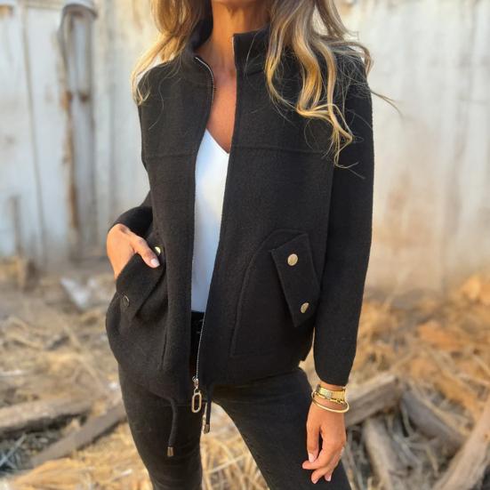 Женская куртка со стойкой, длинными рукавами, шерстяное пальто с карманами, однотонное, теплое, легкое, для повседневной носки