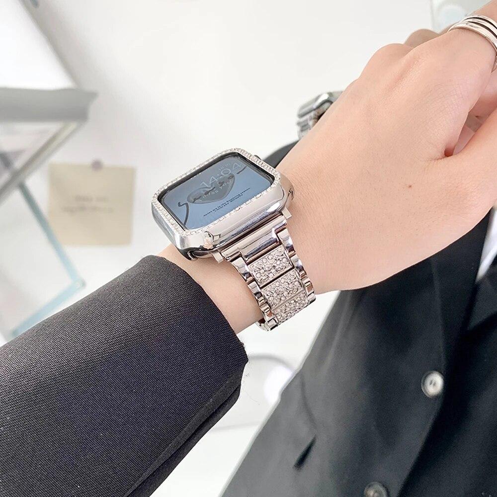 Чехол с бриллиантами + ремешок для Apple Watch Series 8, 7, 41 мм, ультра, 49 мм, 45 мм, ремешок из нержавеющей стали для iwatch 9 se 6, 5, 4, 3, 40 мм, 44 мм, 38 мм, 42 мм, металлический ремешок для часов
