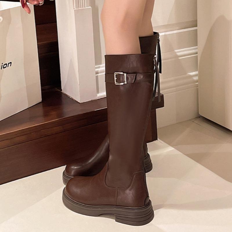 Зимние женские высокие сапоги на среднем каблуке, модные массивные туфли 2025 года, новые дизайнерские туфли-лодочки для вечеринок, высокие мотоциклетные туфли до колена, Botas De Mujer