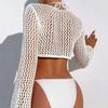 Women Cover Up Tops Round Neck Long Sleeve Hollow Fishnet Design Quick-Drying Breathable Blouse Loose Fit Beachwear