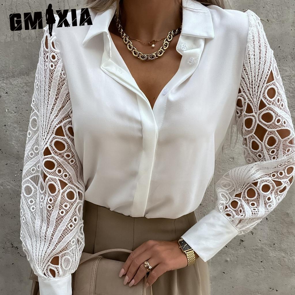 GMXIA Женские модные повседневные летние однотонные свободные блузки и рубашки с кружевным принтом и длинными рукавами с лацканами