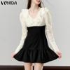 Women Summer Ruffle Lapel Long Sleeve Contrast Color Dresses