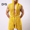 Men Sexy Hooded Nightgown Sleeveless Solid Color Hollow Out Mesh Summer Loungewear Lace-up Night Robe Homewear