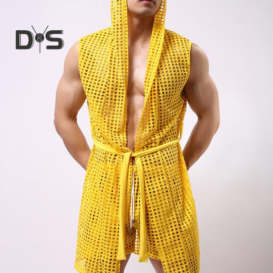 Men Sexy Hooded Nightgown Sleeveless Solid Color Hollow Out Mesh Summer Loungewear Lace-up Night Robe Homewear
