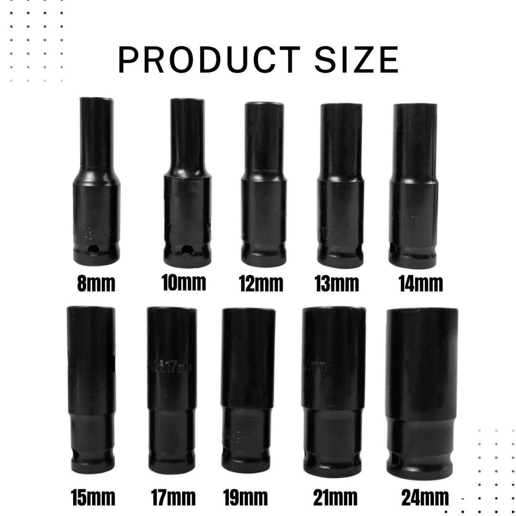 Набор из 10 глубоких шестигранных дюймовых головок для ударного гайковерта 24мм 21мм 19мм 17мм 15мм 14мм 13мм 12мм 10мм 8мм [RioSole] 1/2 12.7мм