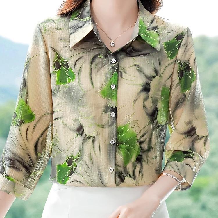 Топ с рукавами 3/4, летняя осенняя новая женская одежда, модная рубашка с отложным воротником и принтом для мам, M-5XL