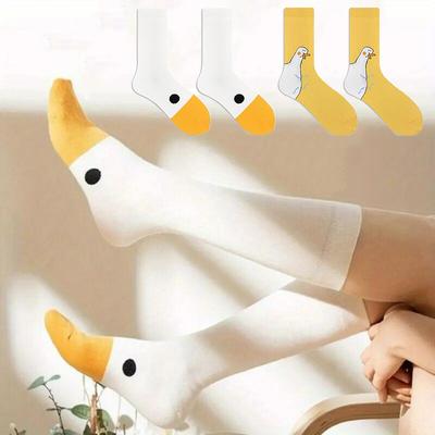 Смешные носки для женщин, новые носки средней длины для всех сезонов, милые парные носки с изображением большого белого гуся и маленькой желтой утки