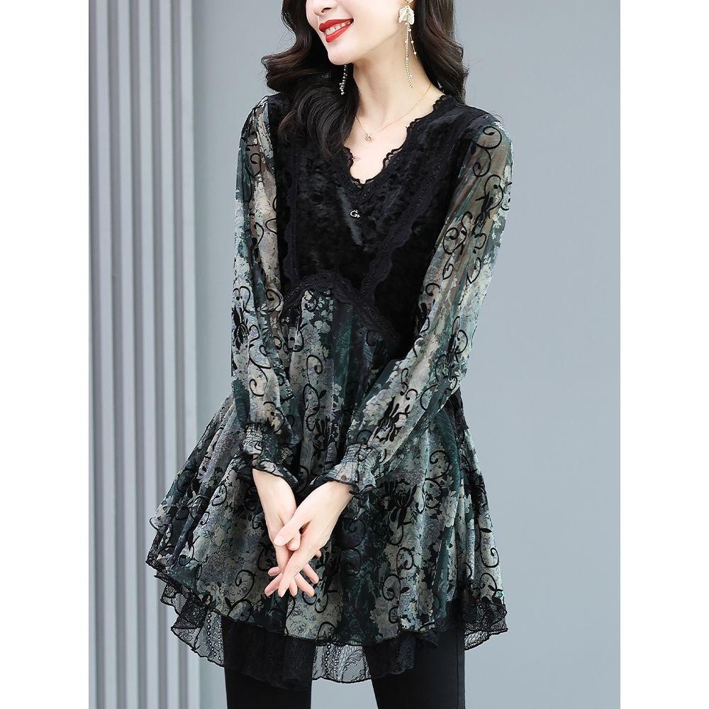 Модная шифоновая рубашка больших размеров, женская блузка с V-образным вырезом в стиле пэчворк на весну/осень