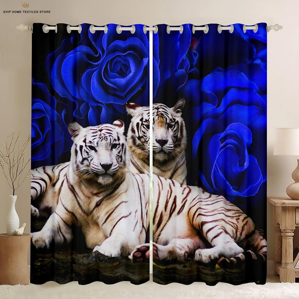 Занавеска с изображением розового цветка и тигра, напечатанная на 3D-принтере, занавеска в стиле ретро, украшение окна, карман для штанги, украшение для дома, 2 шт.
