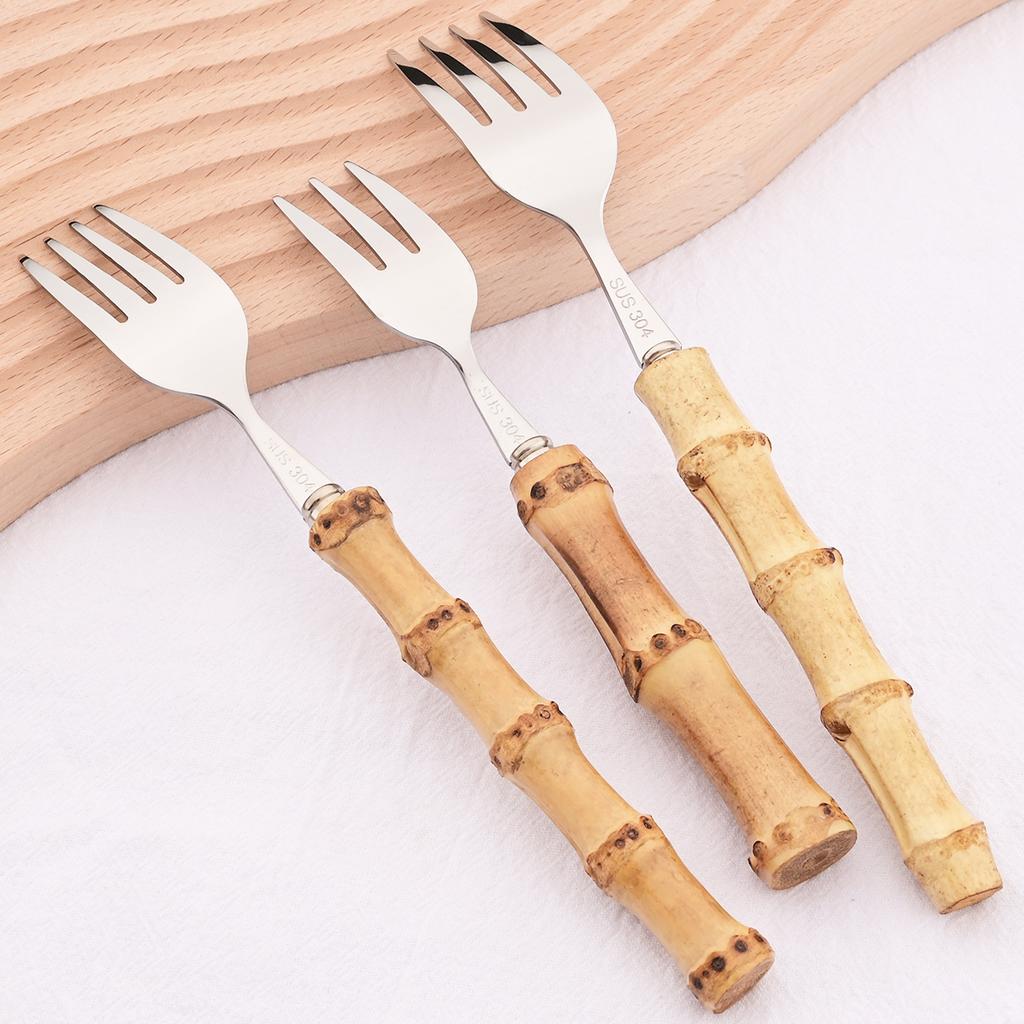 1 шт., столовые приборы из древесины бамбука с ручкой, столовые приборы из нержавеющей стали 304, сервировочная вилка, ложка для салата, вилка для торта, ложка, кофейная ложка, посуда