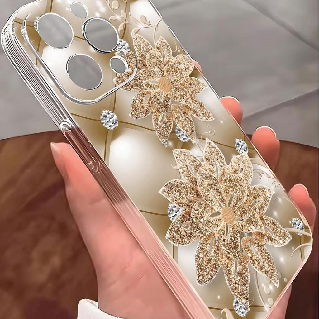Прозрачный защитный чехол для iPhone 14/15/16/17 Pro Max, золотой, с бриллиантами и цветочным узором, противоударный