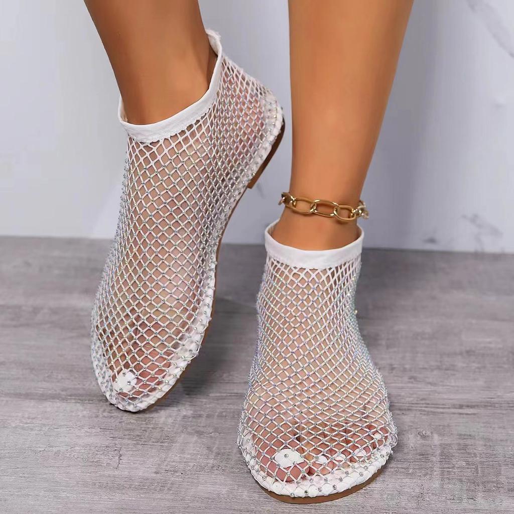 Women's Summer Ankle Boots Rhinestone Cutout Breathable Booties Low Heel Round Toe