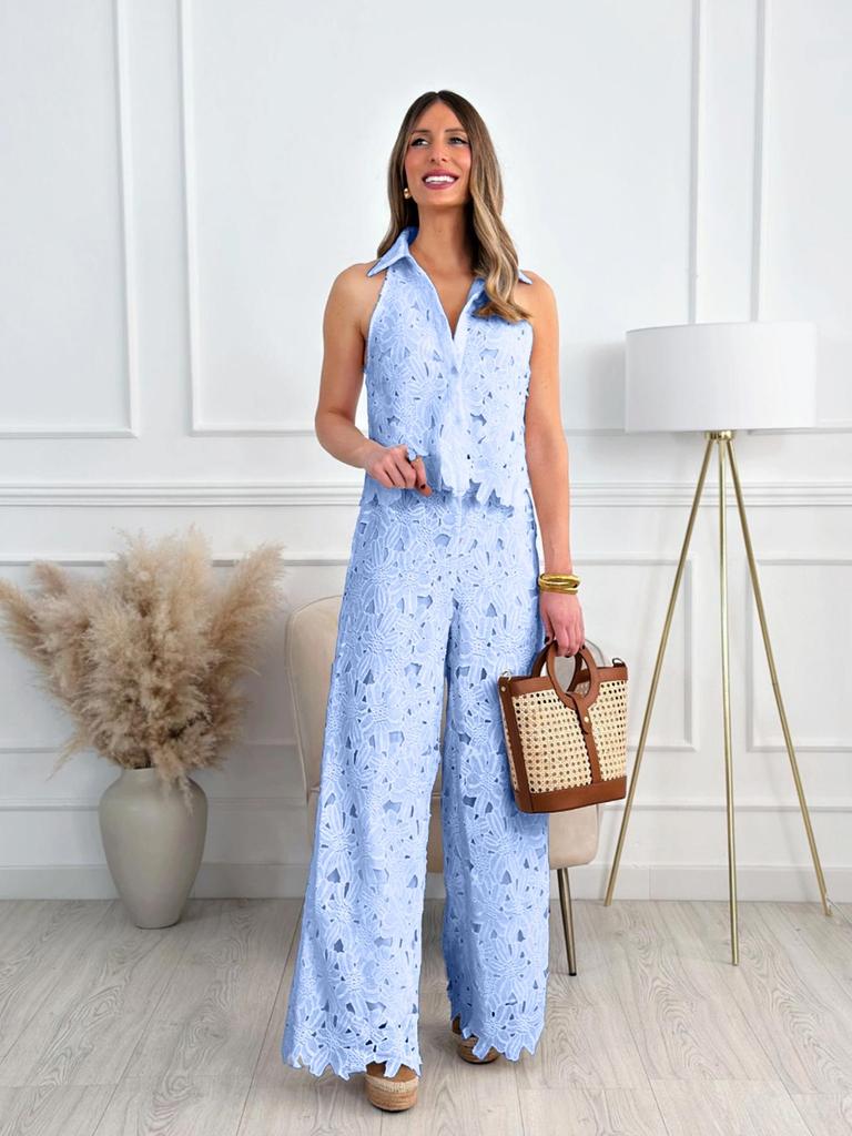French Summer Embroidered V-Neck Cutout Tank & Wide-Leg Pants Set