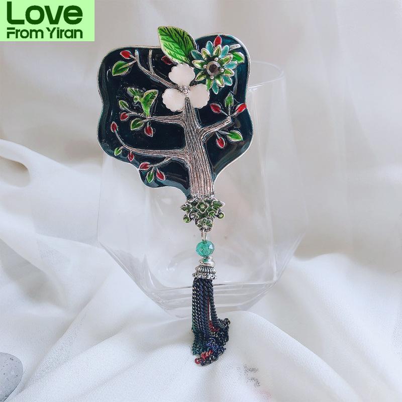 Classic Elegant Women Girls Tuan Fan Enamel Vintage Brooch Pin Long Tassel Exquisite National Badgses Lady Accessories Jewelry