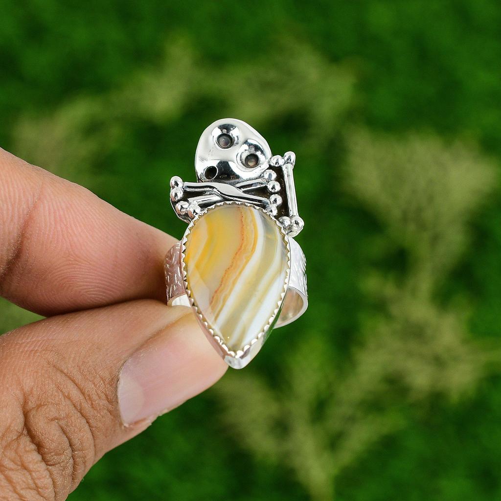 925 Silver Natural Botswana Agate Stackable Skull And Bone Adjustable Ring