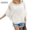 Summer Plus Size Women's Loose Short Skirt with Sun Protection Shawl, Female Pullover, Seven-point Sleeve Hollow Embroidered Knit Blouse