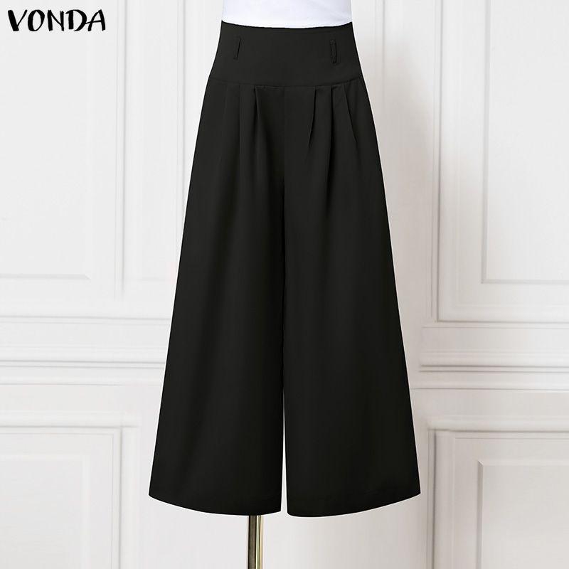 VONDA Женские повседневные брюки с высокой талией на молнии, повседневные неэластичные брюки с широкими штанинами