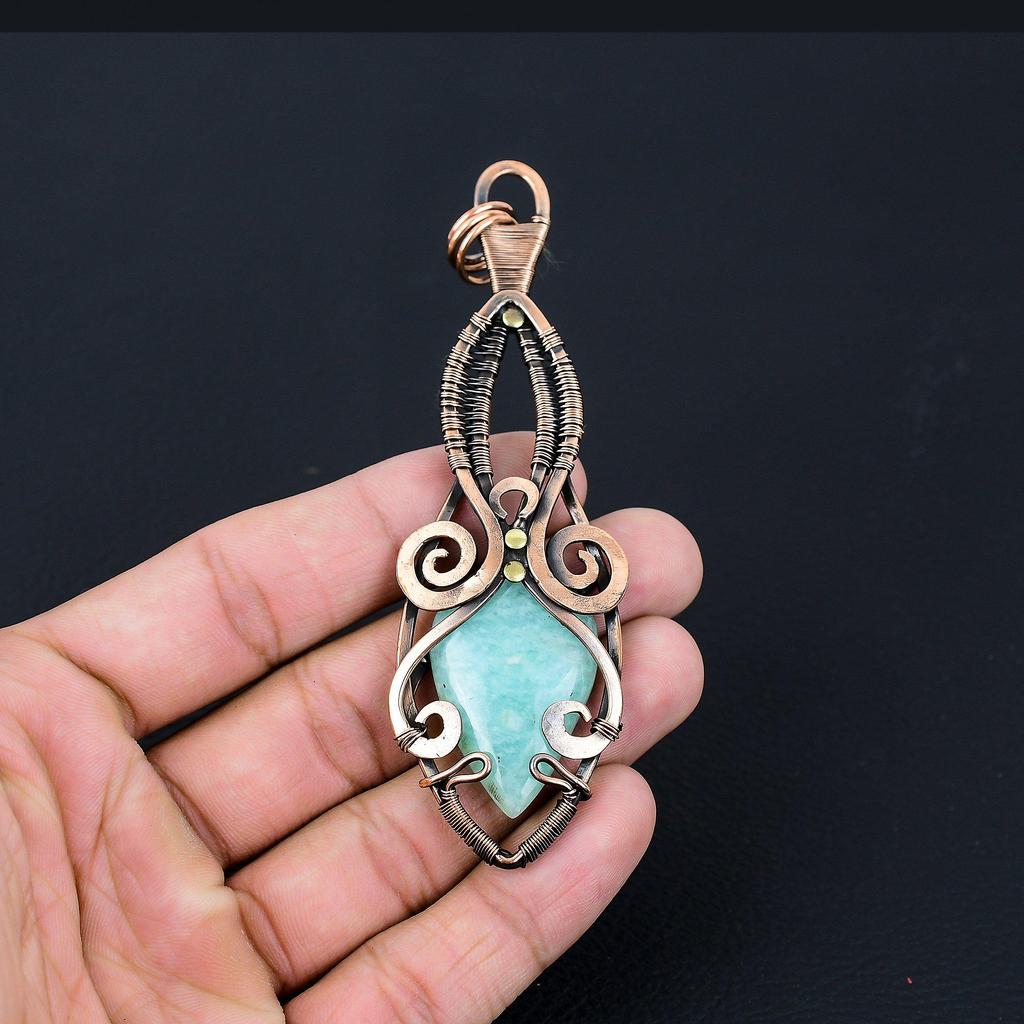 Амазонитовый драгоценный камень, чистая медная проволока, обернутая подвеской ручной работы, ювелирное изделие для нее