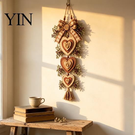 Pumpkin Decor with LED Lights Rustic Heart Shaped Wall Hanging Pendant Wooden Beads & Bow, Farmhouse Decorative Sign for Living Room Ornament