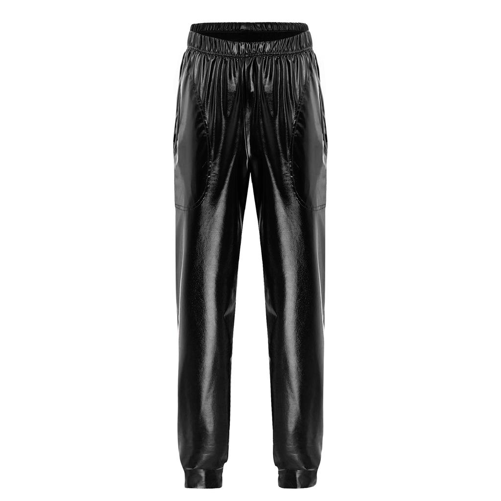 Женские металлизированные танцевальные брюки с высокой талией, эластичный пояс, свободный крой, спортивные брюки, блестящие, современные брюки