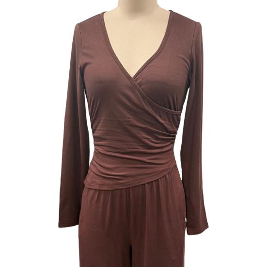 Женские комплекты для отдыха из двух предметов: топ с V-образным вырезом и длинным рукавом и брюки с широкими штанинами. Весенне-осенние повседневные наряды