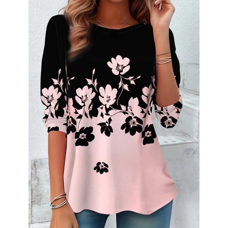 Женская футболка с 3D-принтом, милым принтом лепестков стрекозы, повседневная футболка с длинным рукавом и круглым вырезом, стандартный топ, повседневный принт, розовая весенняя футболка