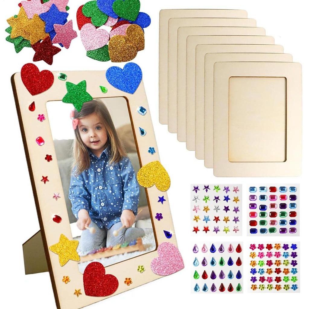 8pcs/set Wooden Picture Frame Set Unfinished DIY Photo Frame with Stickers Painting Tools Color Rhinestone Stickers for Kid