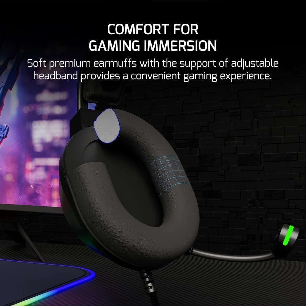 Gaming headset with noise-canceling microphone and RGB lighting; designed specifically for gaming to deliver an immersive gaming experience